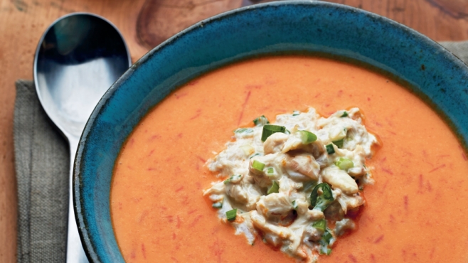 creamy red pepper soup with crab salad