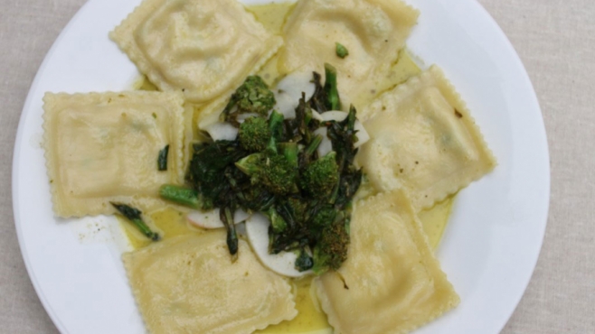 Wild Mushroom Ravioli with Shaved Baby Turnips and Broccoli Rabe