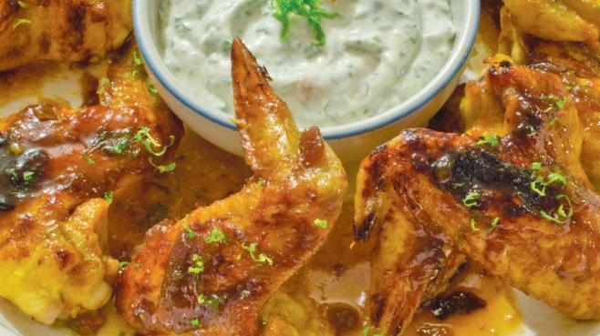 Baked Apricot Hot Wings with Creamy Cilantro Dip