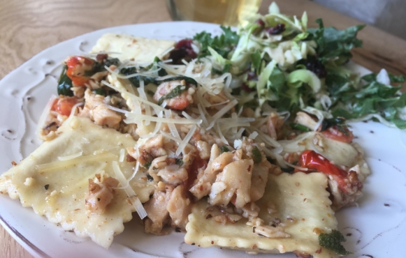 Goat Cheese Ravioli with Spinach Tomatoes and Sage Butter Sauce 