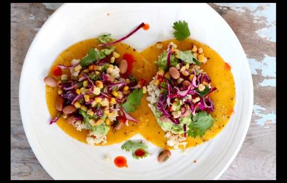 Guaco Tacos with Corn, Cabbage and Bean Slaw