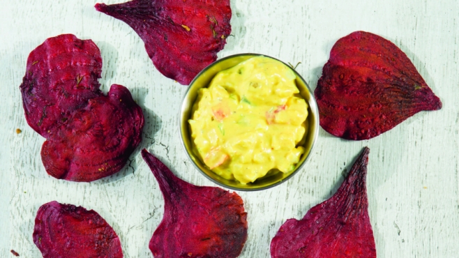 Beet chips with deviled egg dip