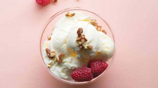 Philly-style vanilla ice cream with strawberry-basil compote