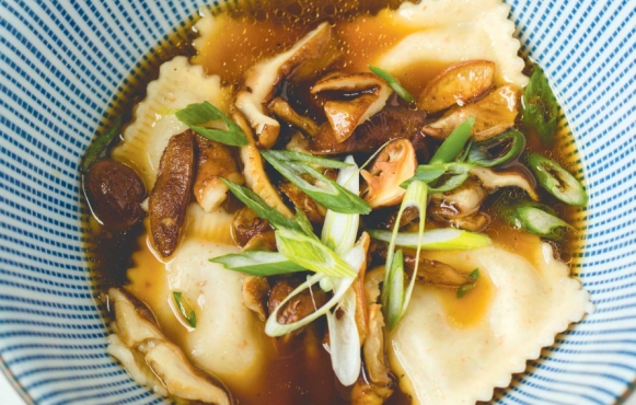 Valicente Organico Duck Confit Ravioli with Shiitakes in A Soy Mirin Broth